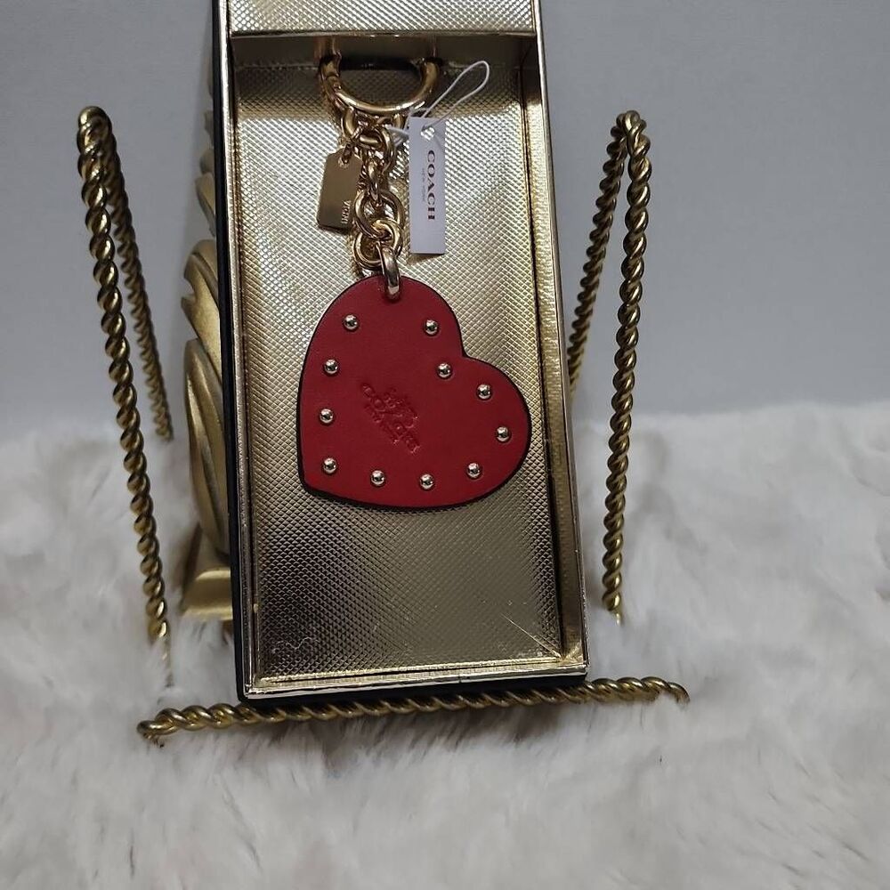 Coach Red Leather Heart Studded Bag Charm - Picture 1 of 6